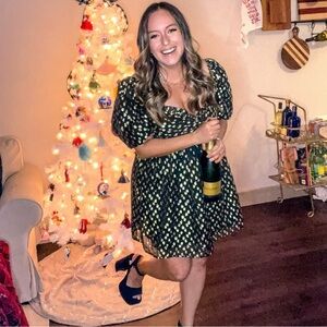 Buddy Love Colby Mini Dress Medium Black Gold Metallic Polka Dot Puff Sleeve